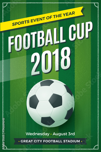 Football - soccer vertical flyer design, postcard size. Sports ball on green grass background. Vector illustration © Zoran Milic