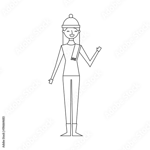 woman happy character with warm clothes season vector illustration outline image