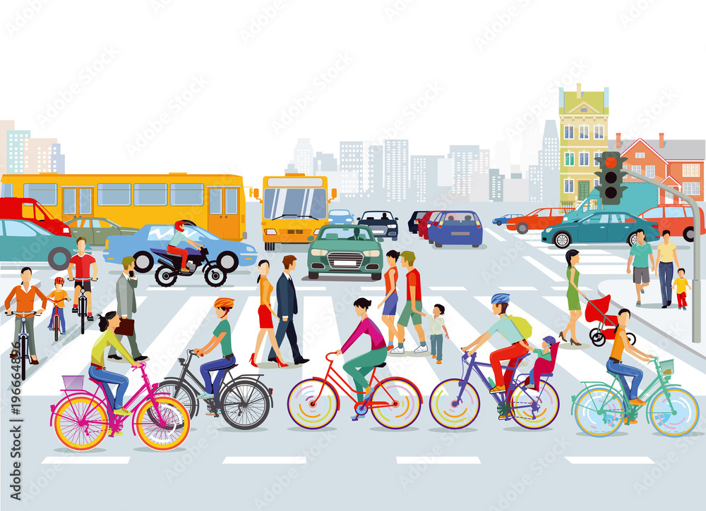 Stadt mit Straßenverkehr, Radfahrer und Fußgänger, Illustration - obrazy, fototapety, plakaty 