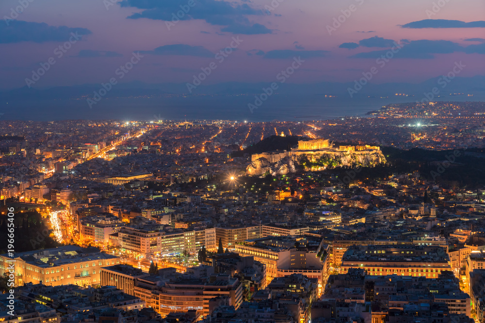 cityscape of Athens at night, Greece