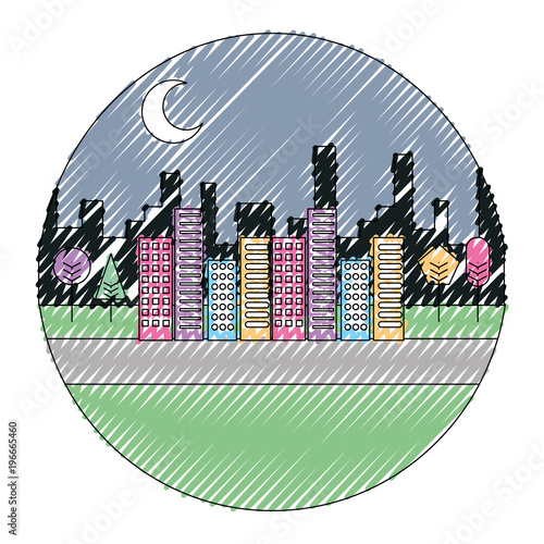 landscape night urban buildings trees moon scenary round design vector illustration drawing color image