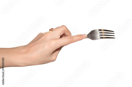 fork in female hand on white isolated background
