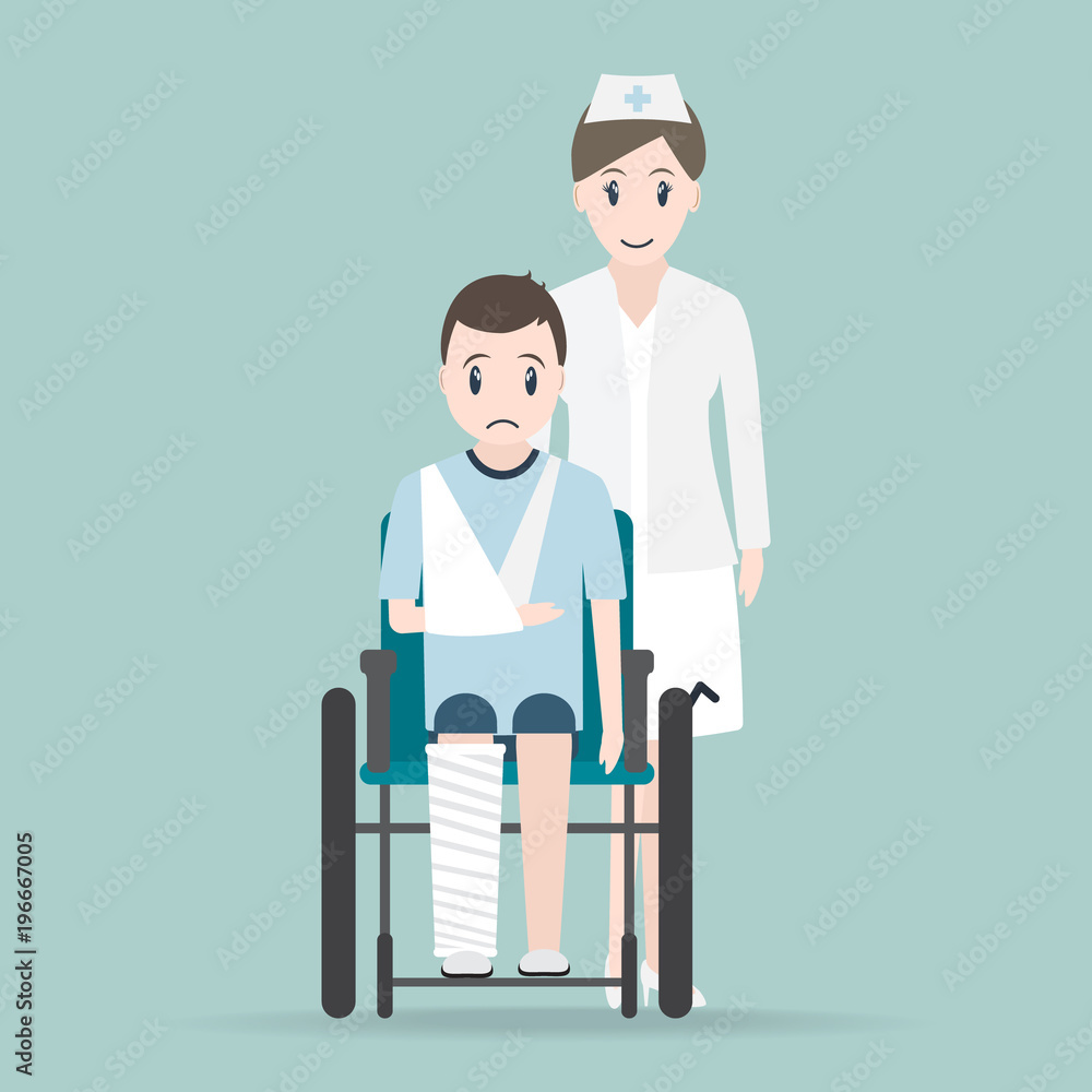 Nurse and Injury man in bandage and wheelchair icon, medical sign icon Nurse and Injury man in bandage and wheelchair icon, medical sign icon