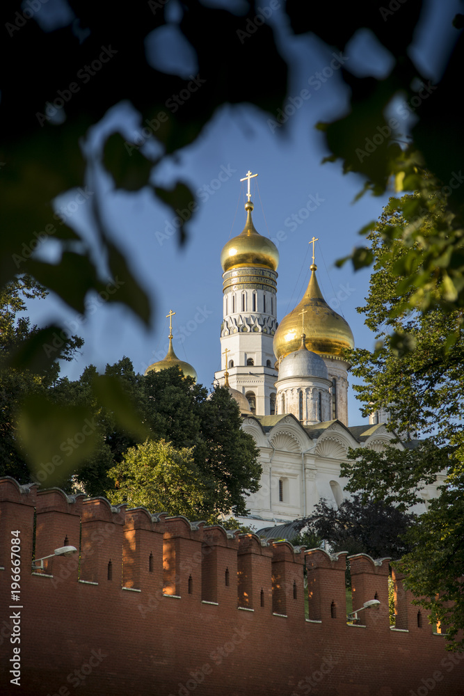 A view of the churches inside the Kremlin from across town in Moscow, Russia.