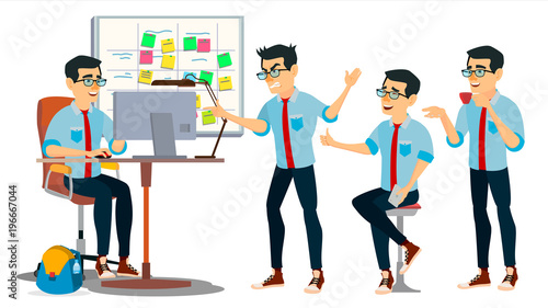 Business Man Character Vector. Working Asian, Man. Team Room. Asiatic. Environment Process In Start Up Office. Programmer, Designer. Code. Javascript. Cartoon Business Character Illustration