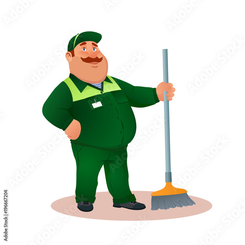 Smiling cartoon janitor with mop. Funny fat character in green suit with broom. Happy flat cleaner in uniform from janitorial service or office cleaning. Colorful vector illustration.