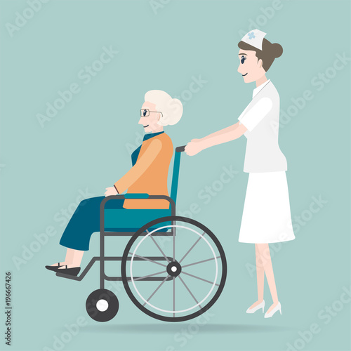 Nurse pushing wheelchair of elderly woman illustration, medical care concept