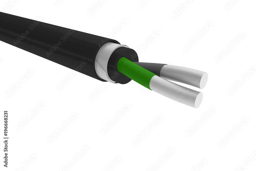 Model of a two-core aluminum cable in a rubber braid on a white isolated background Model of a two-core aluminum cable in a rubber braid on a white isolated background