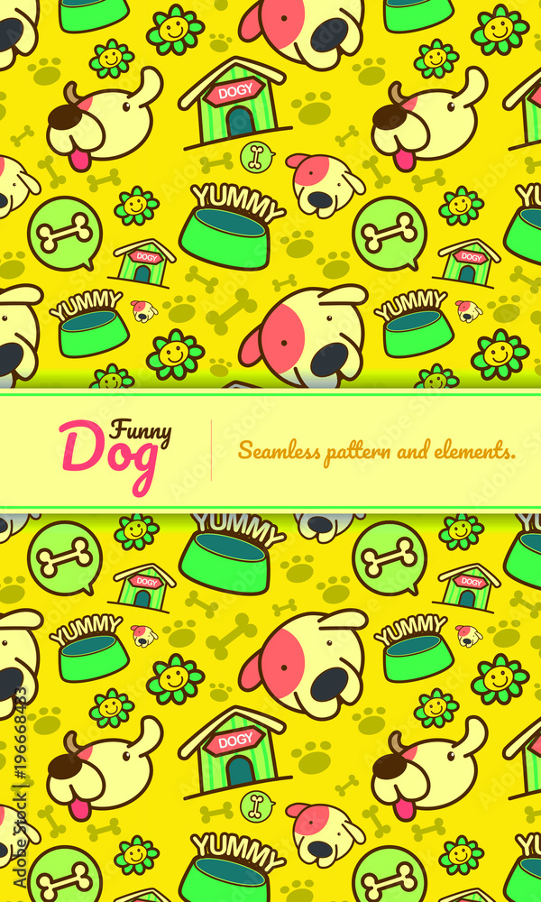Seamless pattern funny vector dog characters and elements.