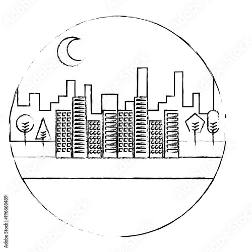 landscape night urban buildings trees moon scenary round design vector illustration