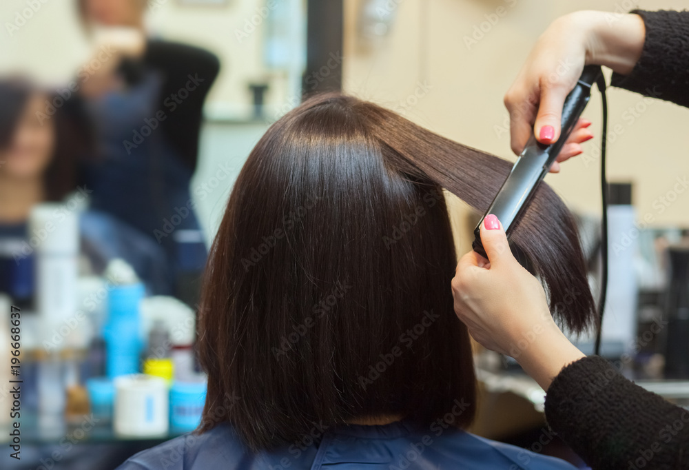 The hairdresser does aligns the hair with hair iron to a young girl, brunette in a beauty salon. Professional Hair Care The hairdresser does aligns the hair with hair iron to a young girl, brunette in a beauty salon. Professional Hair Care