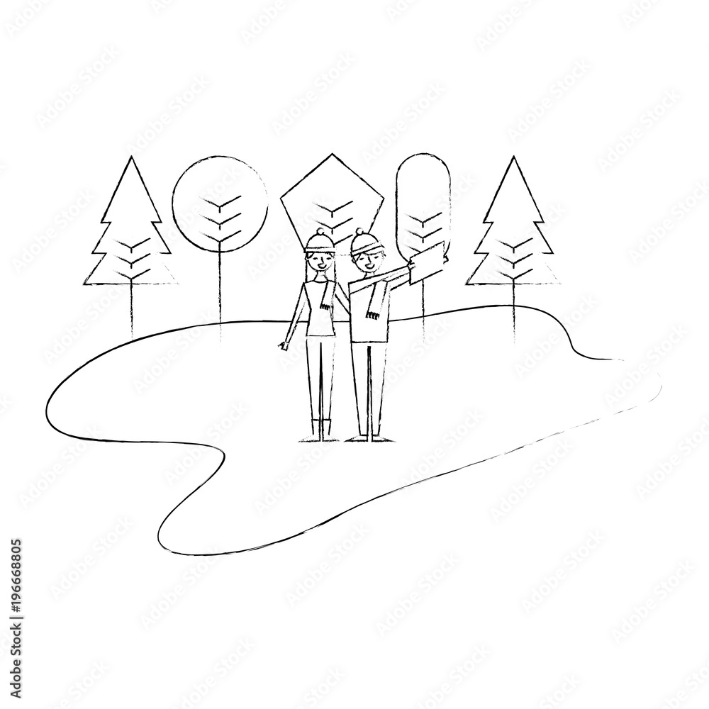 couple taking selfie in the winter landscape vector illustration
