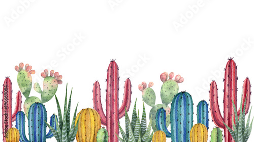 Watercolor background with desert and cacti.
