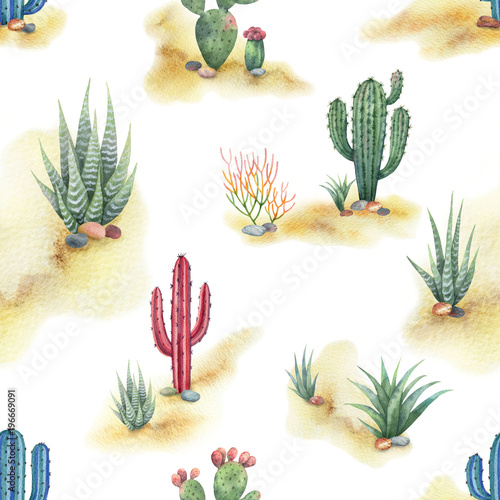 Watercolor seamless pattern of landscape with desert and cacti isolated on white background.