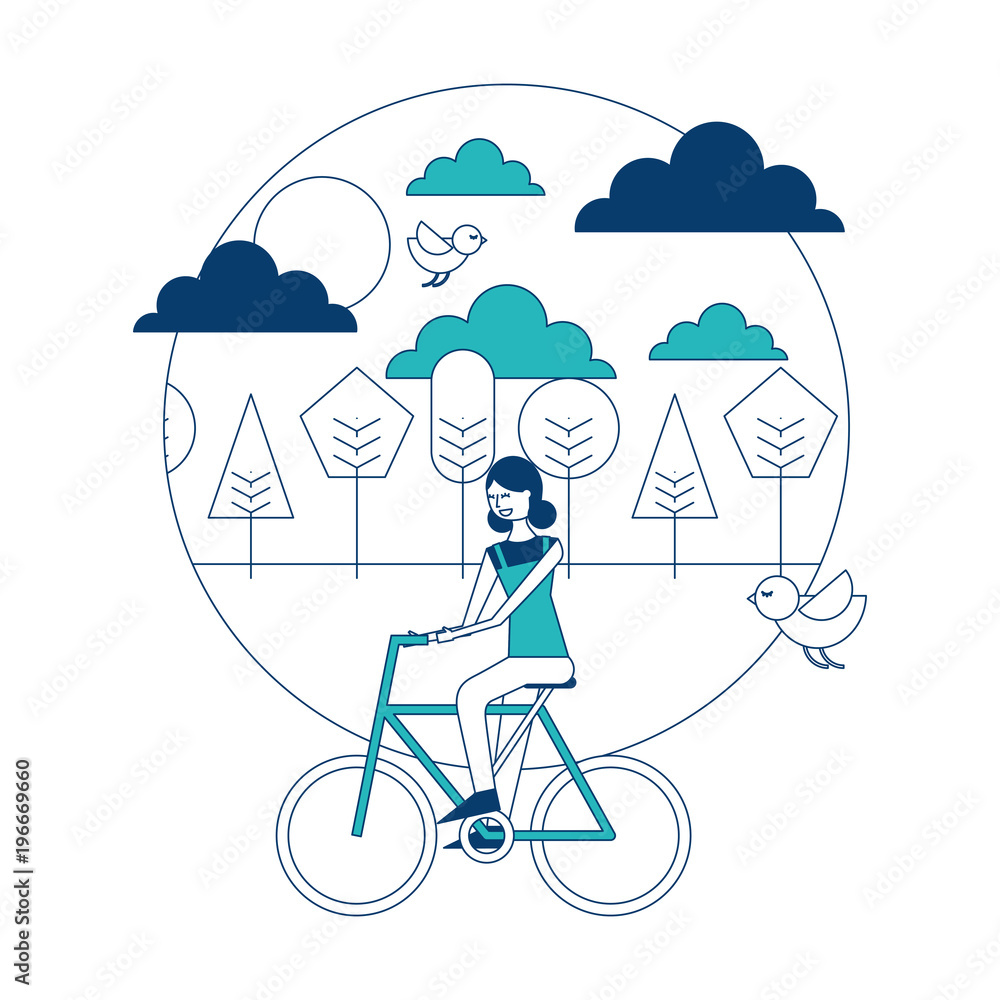 happy young woman riding bicycle in the park birds flying vector illustration blue and green image happy young woman riding bicycle in the park birds flying vector illustration blue and green image