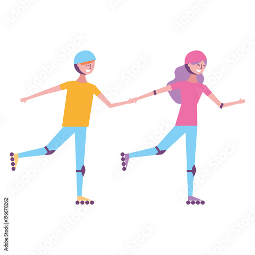 happy couple on roller skating sport activity vector illustration