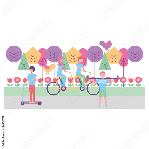 people riding tandem skate and lifting weight in the park vector illustration