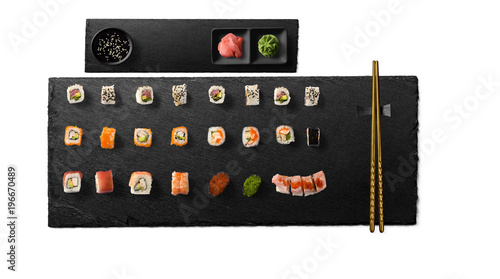 Set of Japanese sushi isolated on white background. Top view