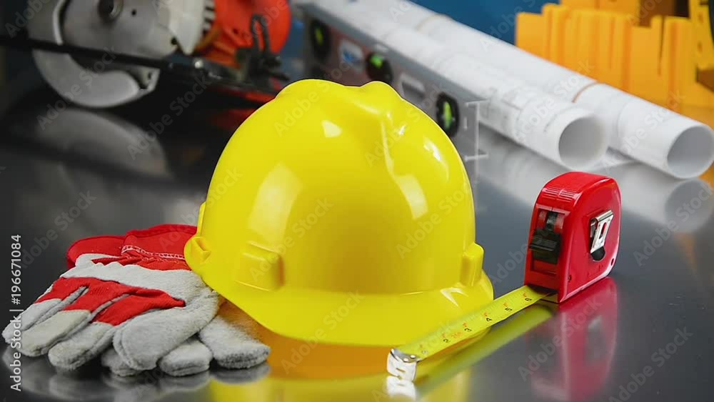 Construction Gear on Tabletop with Hardhat Construction Gear on Tabletop with Hardhat