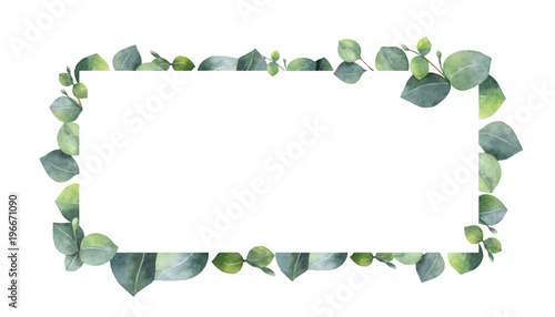 Watercolor vector wreath with green eucalyptus leaves and branches.