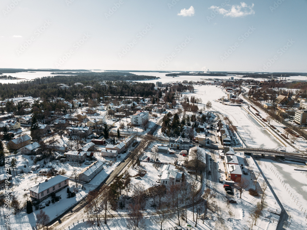 aerial view to Uusikaupunki, Finland, Winter 2018
