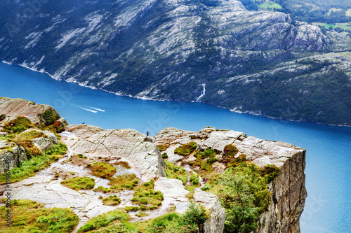 Norway  Scandinavia  Europe. Spectacular view on Lysefjord and Norwegian iconic landmark Preikestolen  pulpit rock. Traditional northern Norwegian nature landscape. Travel to Scandinavia background.