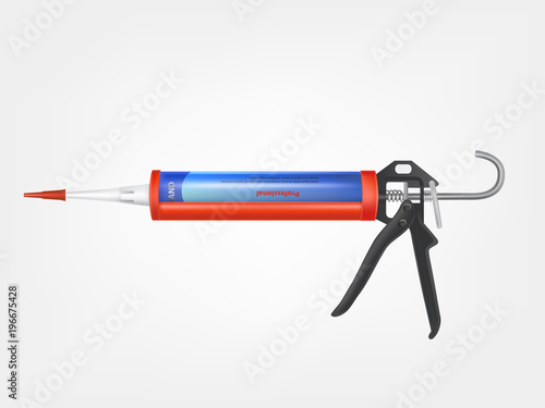 Vector 3d realistic caulking gun, metallic bottle with construction foam, sealing adhesive, pu-foam, tube with silicone building sealant for professional tool. Mockup for brand, package design