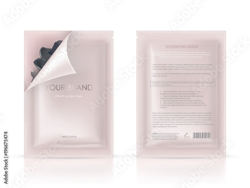 Vector realistic blank package, disposable foil sachet, open and closed, for facial mask or shampoo isolated on background. Cosmetic product for face care, skin treatment. Mockup for packaging design