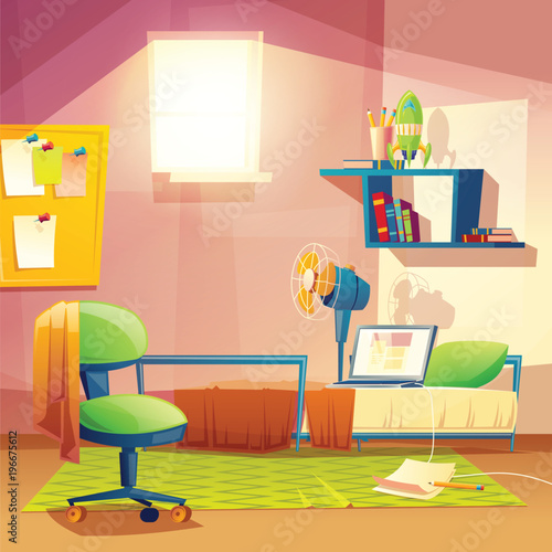 Vector student small room, cartoon bedroom, dormitory with furniture. Cozy apartment with bed, laptop, armchair, carpet, bookshelf, board, fan Architecture background