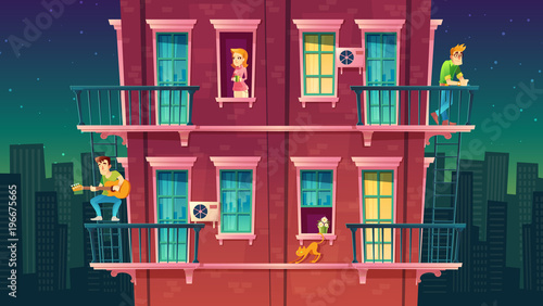 Vector residential multi-storey apartment, neighborhood, house outside with people concept, private building with fire escapes. Leisure time in dormitory. Architecture in cartoon style.