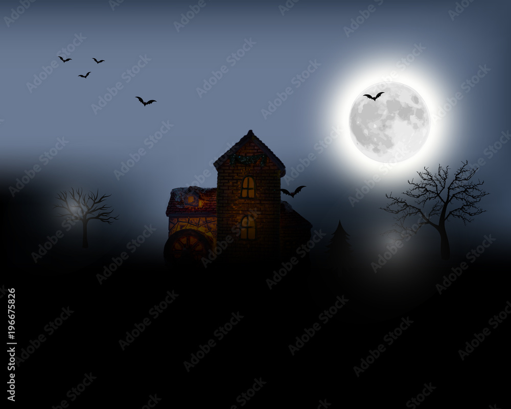Halloween background. Halloween landscape with full moon. Mysterious vector illustration.