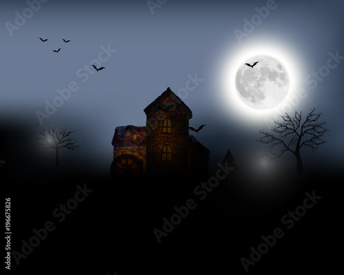 Halloween background. Halloween landscape with full moon. Mysterious vector illustration.