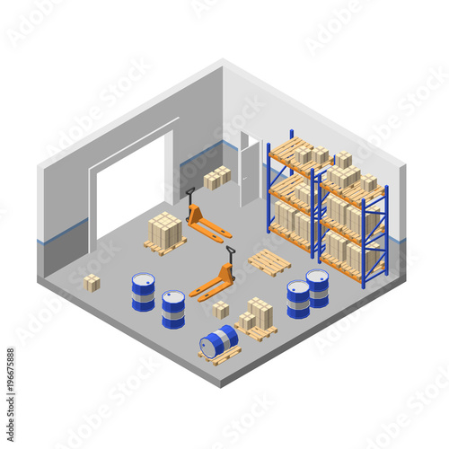 Vector 3d isometric storage, factory warehouse, logistic, delivery storehouse with shelves, boxes, forklifts, barrels, pallets for goods, cargo. Store room structure
