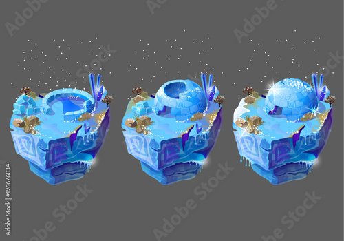 Vector cartoon blue icehouse, igloo, housing of northern peoples, building from ice blocks. Three flying icy islets with stages of construction isolated on background. Game design concept illustration