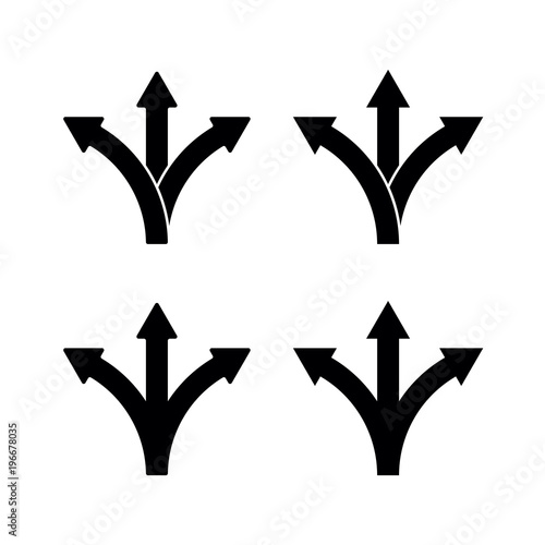 Three-way direction arrow sign. Icon set. Vector illustration