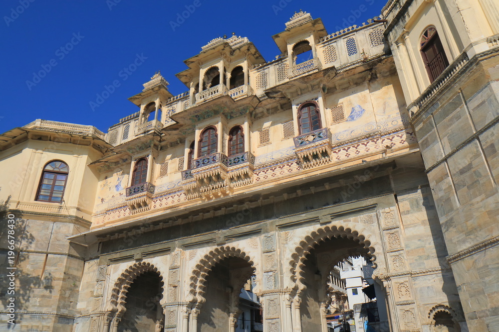 Historical lakeside architecture Gangaur gate cityscape Udaipur India Historical lakeside architecture Gangaur gate cityscape Udaipur India