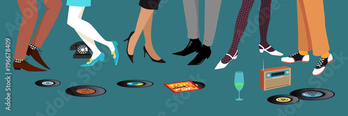 Legs of people dancing and socializing at 1950s - 1960s party, vinyl records and transistor radio on the floor, EPS 8 vector illustration