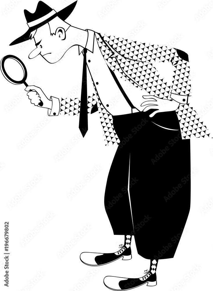 Cartoon man dressed in retro fashion with a magnifying glass, searching ...