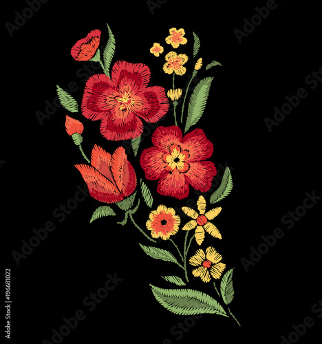 Embroidered bouquet of flowers. Vector floral print.