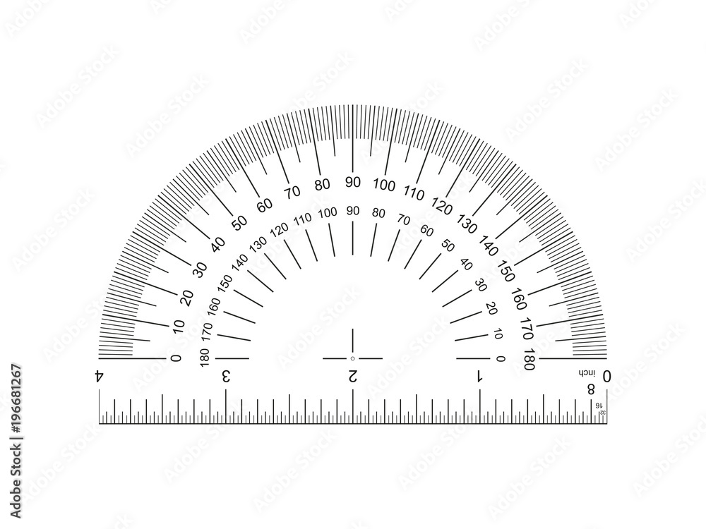 Protractor with ruler 4-inch. Protractor grid for measuring degrees. Tilt angle meter. Ruler 4 inch. 4-inch grid with a division to one thirty-second. Measuring tool. Ruler Graduation. AI10 - obrazy, fototapety, plakaty 