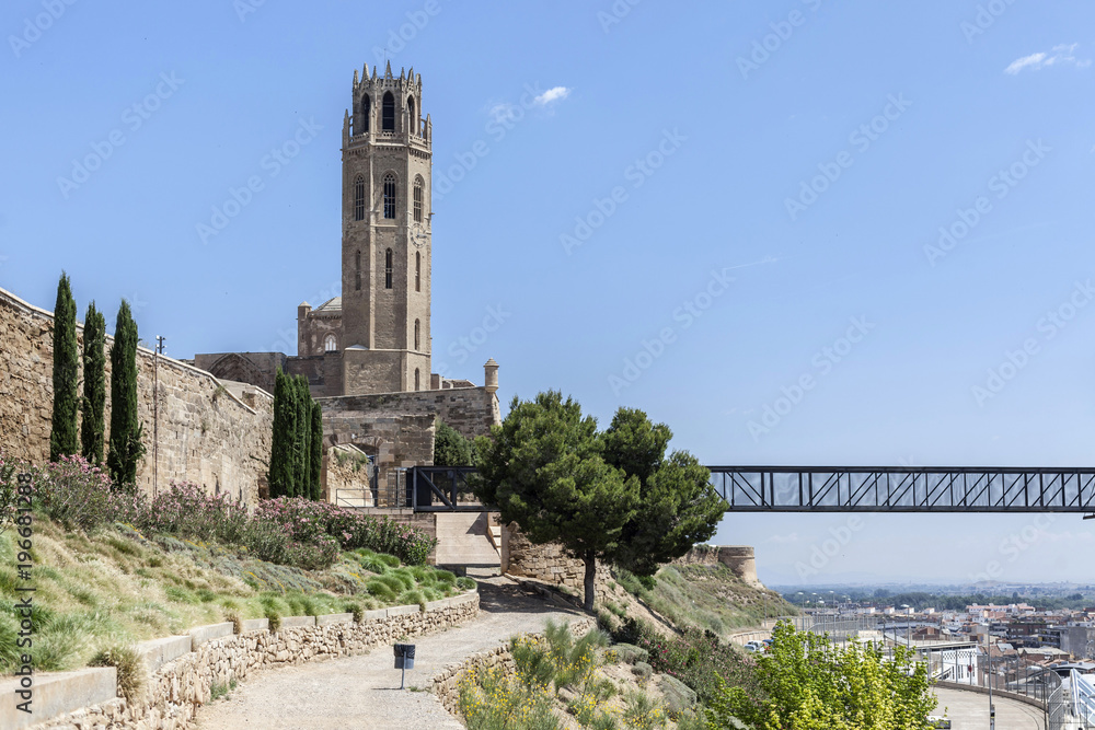  Old Cathedral, Catedral de Santa Maria de la Seu Vella, gothic style,tower, iconic monument in the city of Lleida, Catalonia.Spain.