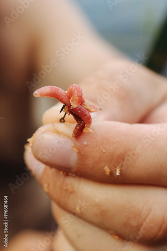 Hand holds a fish hook with a worm