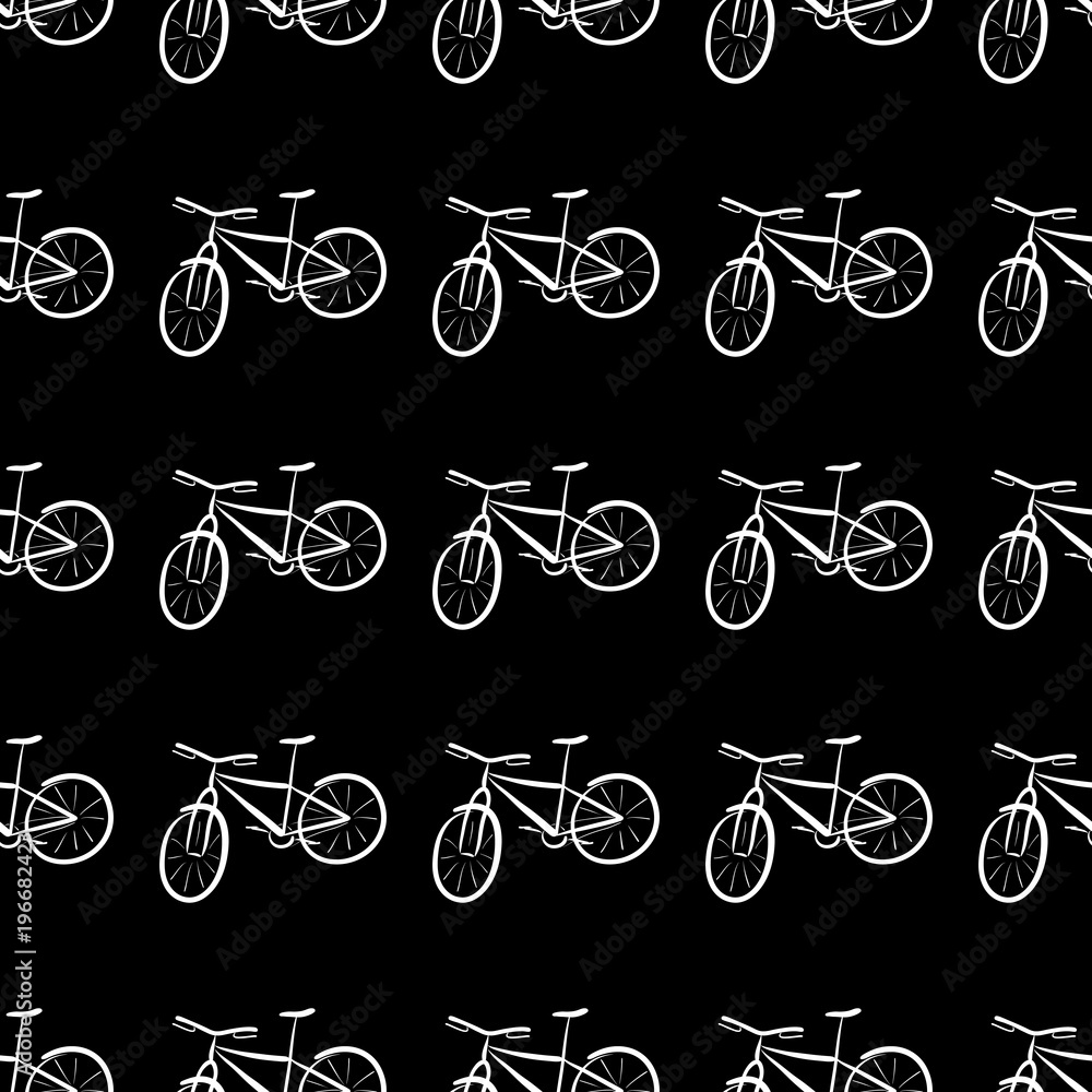 White colored bicycles pattern on black background White colored bicycles pattern on black background