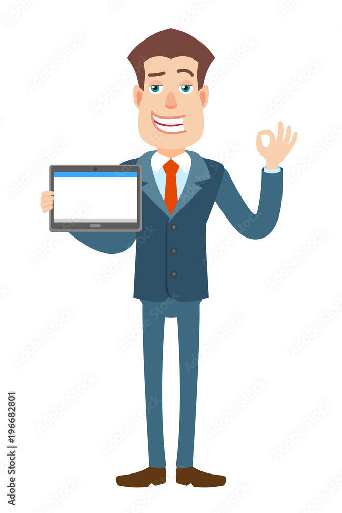 Businessman holding tablet PC and showing a okay hand sign