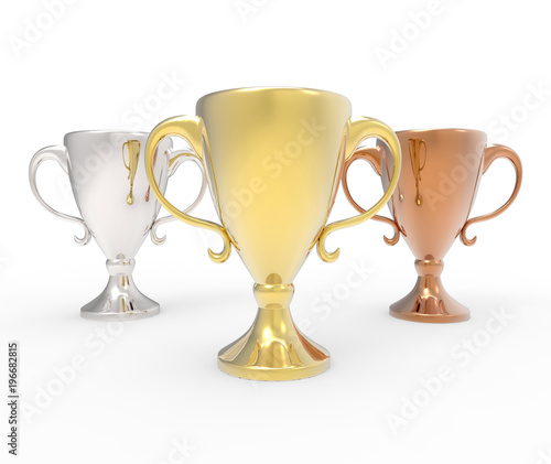 Three cup trophies, gold, silver and bronze. 3D image isolated on white background