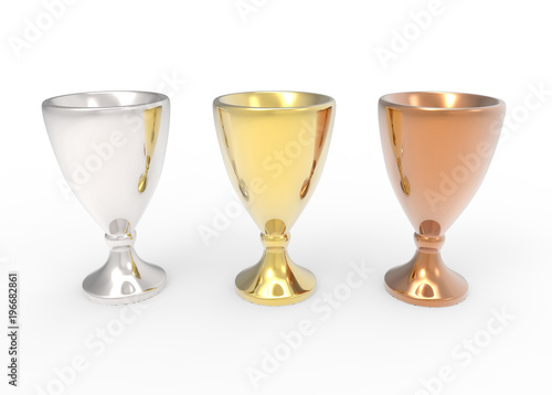 Three cup trophies, gold, silver and bronze. 3D image isolated on white background