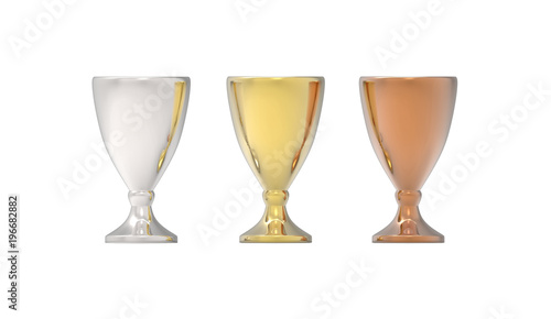 Three cup trophies, gold, silver and bronze. 3D image isolated on white background