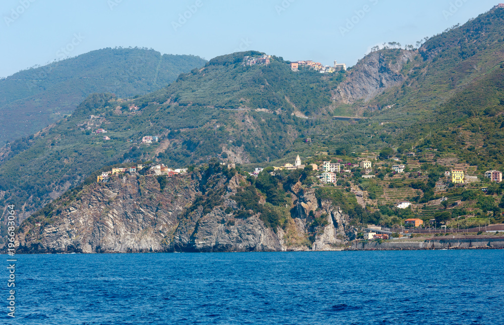 Summer Corniglia view from excursion ship, Cinque Terre, Italy