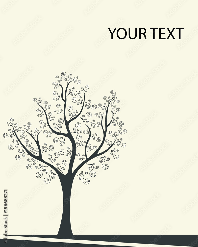Obraz premium Background with tree. Vector illustration - tree with swirls of black on beige background.