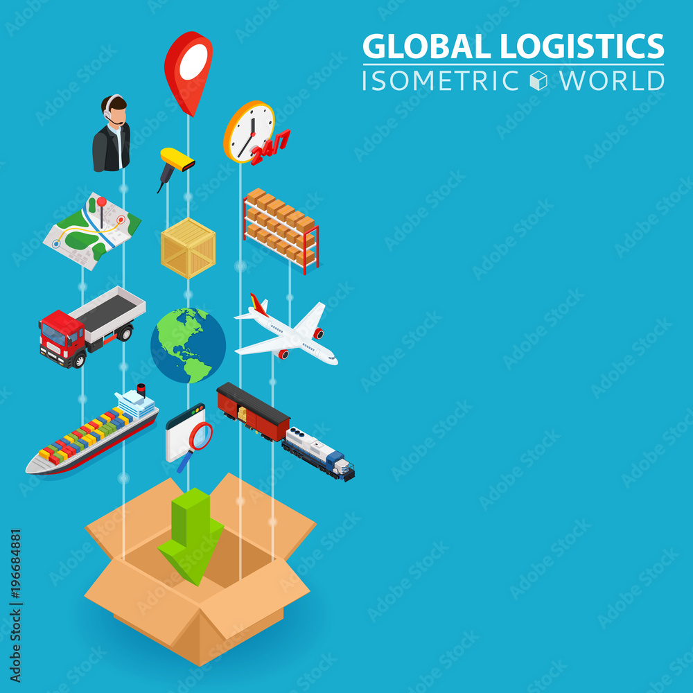 Logistic integrated 3d banner. Digital network isometric progress concept. Connected graphic design line growth system. Abstract background for shipping delivery and distribution. Vector Infographic.